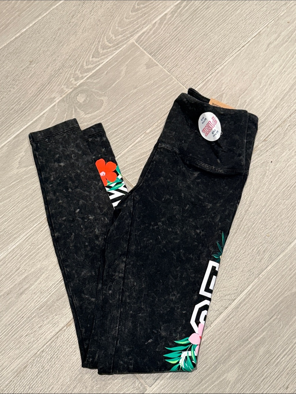 PINK Victoria's Secret Black Leggings with Floral Side Graphics